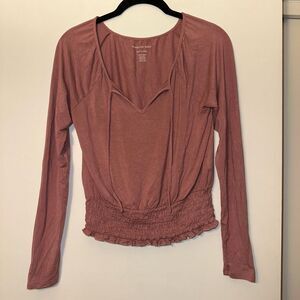 American Eagle Soft & Sexy Elastic Waist Mauve Tie V Neckline Shirt Womens XS EU